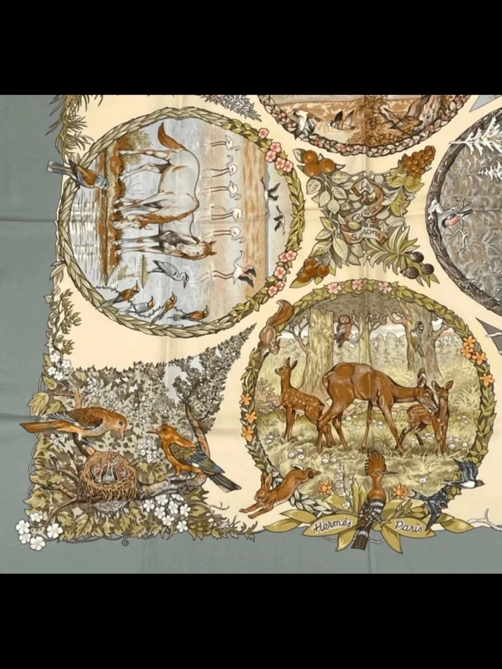 Hermes Wildlife Silk Scarf in Sage Green and Cream